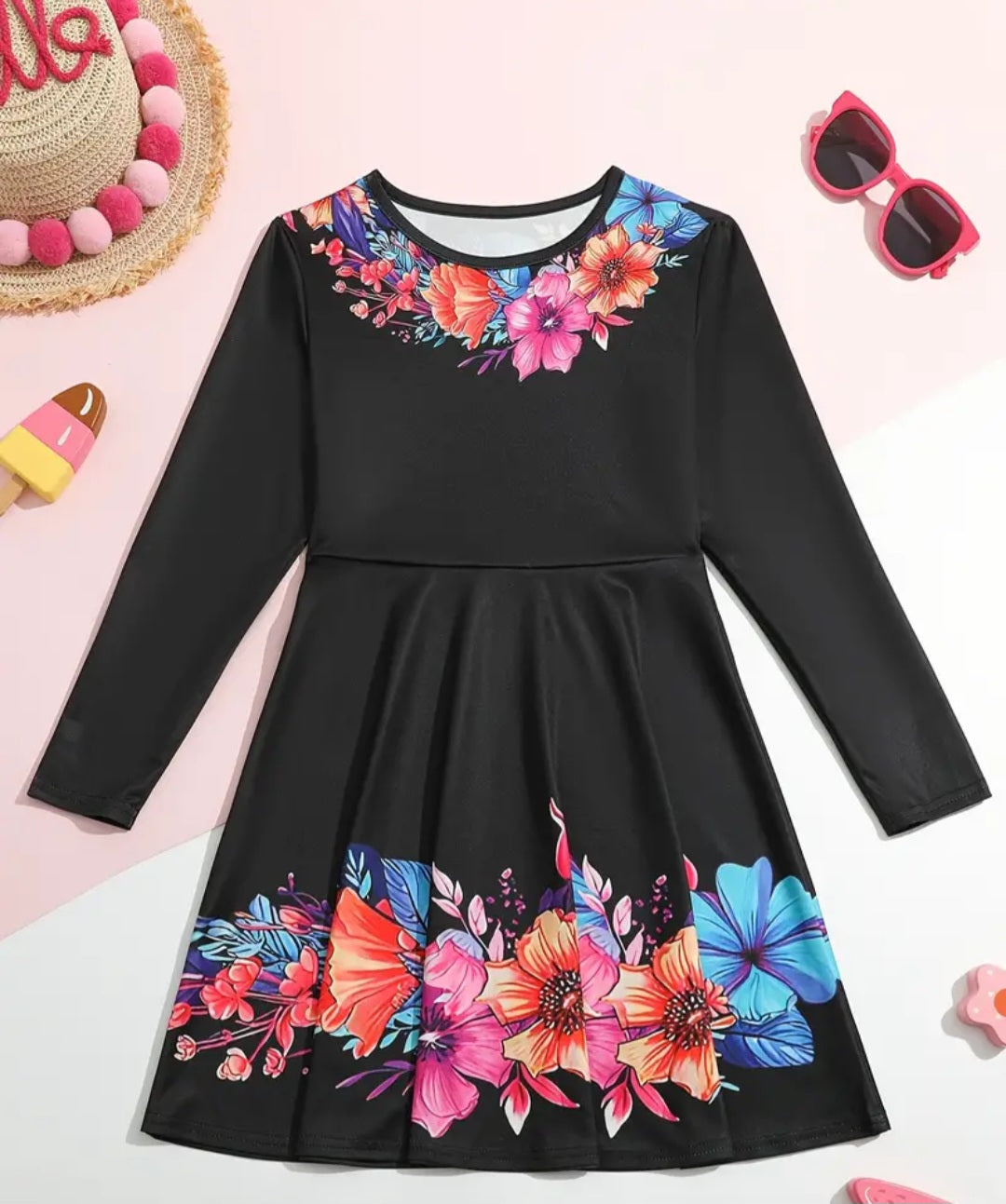 Girls Casual Flower Print Long Sleeve Dress For Summer Party