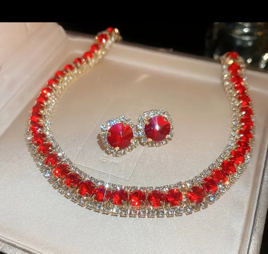 Full Round Shape Red Rhinestone Inlaid Stud Earrings & Bracelet Bling Bling Luxury Style Banquet Jewelry Set