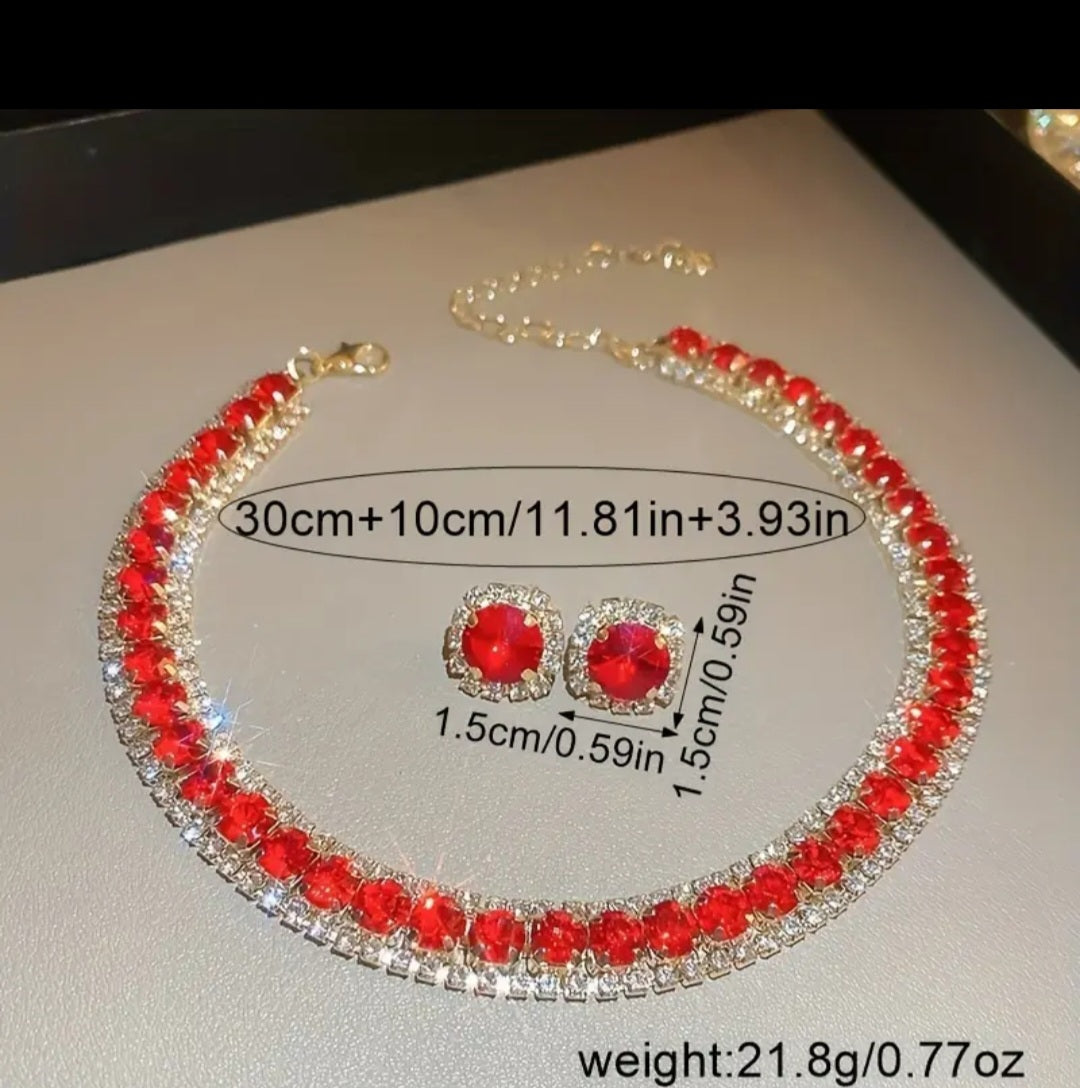 Full Round Shape Red Rhinestone Inlaid Stud Earrings & Bracelet Bling Bling Luxury Style Banquet Jewelry Set