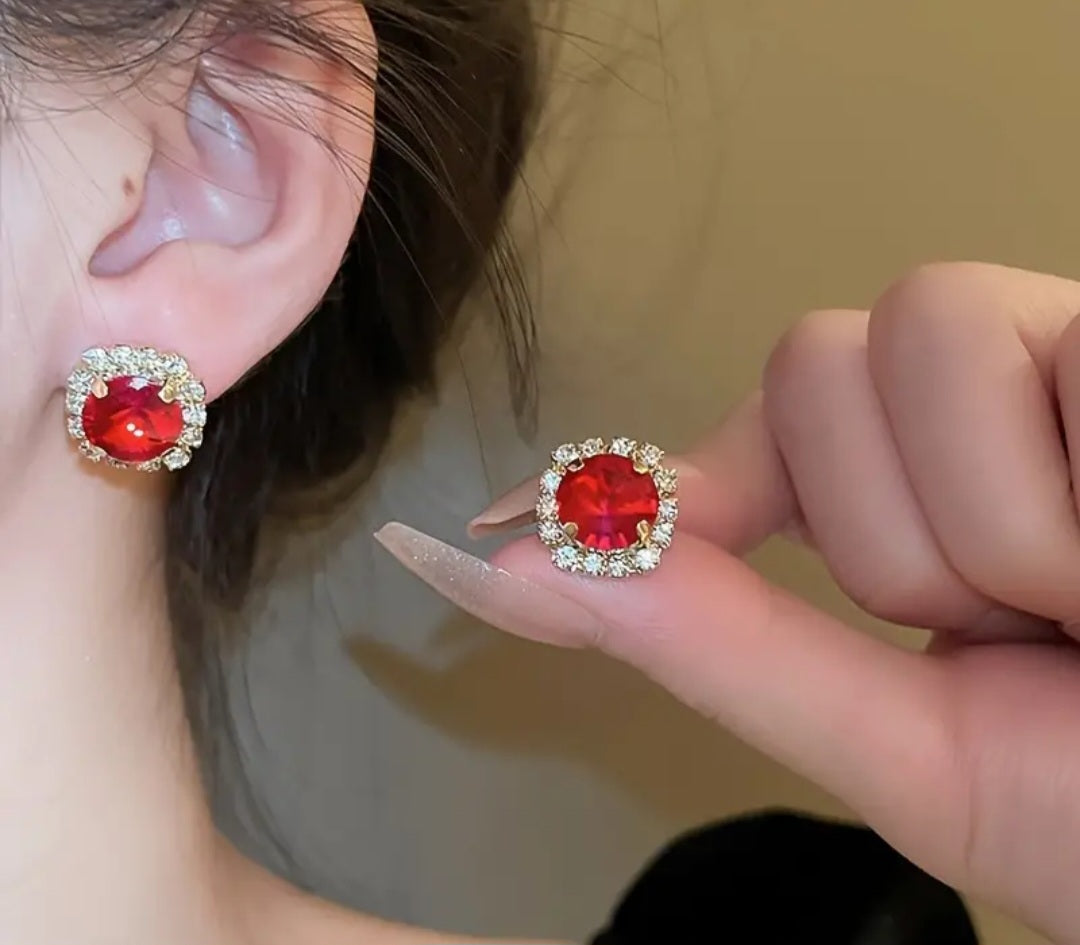 Full Round Shape Red Rhinestone Inlaid Stud Earrings & Bracelet Bling Bling Luxury Style Banquet Jewelry Set