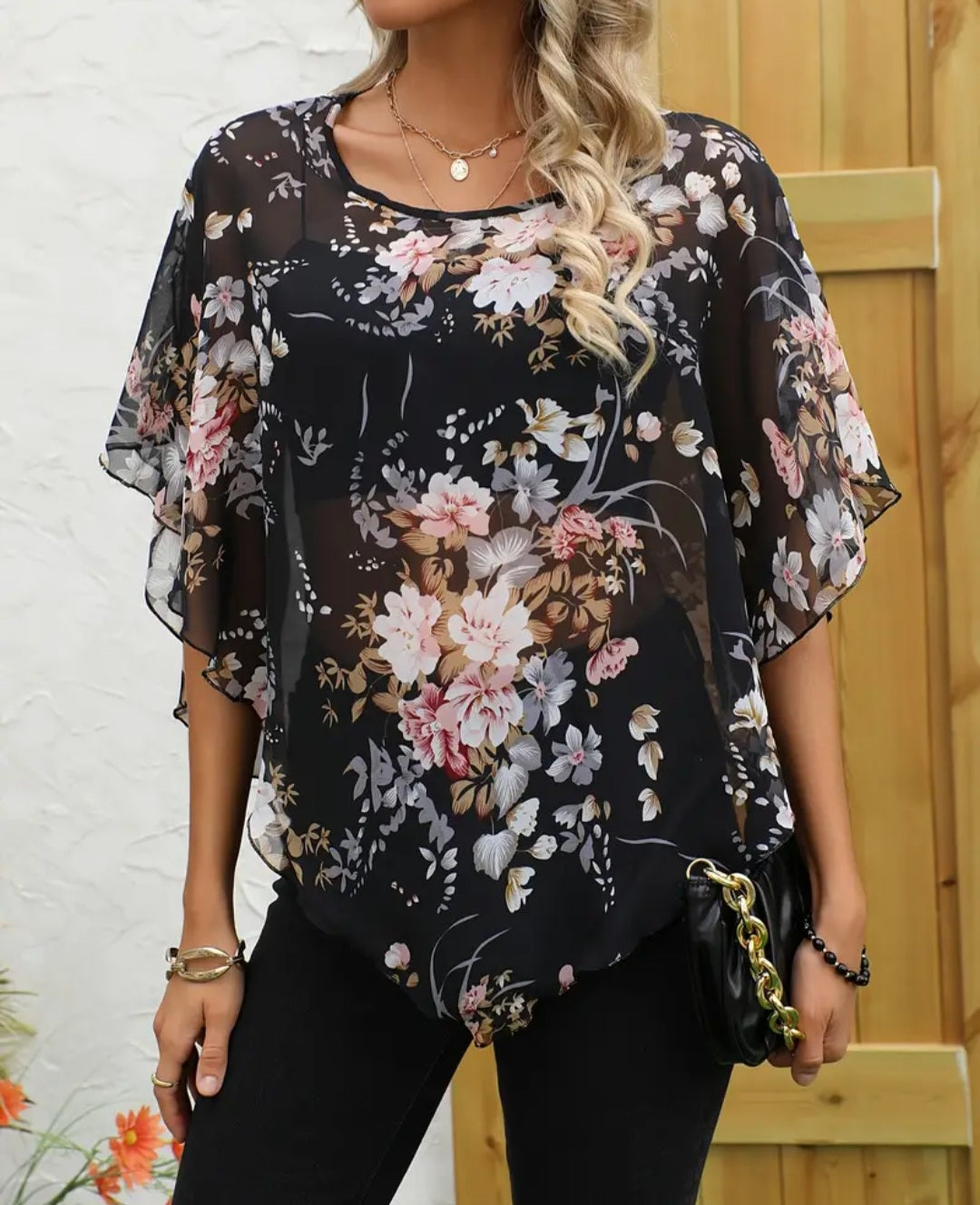 Floral Pattern Elegant Cover Up, Round Neck Semi-Sheer Beach Cover Up Top, Women's