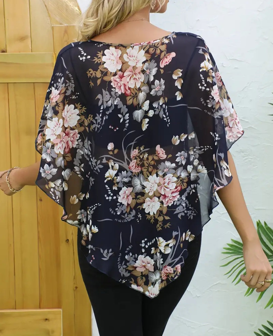 Floral Pattern Elegant Cover Up, Round Neck Semi-Sheer Beach Cover Up Top, Women's