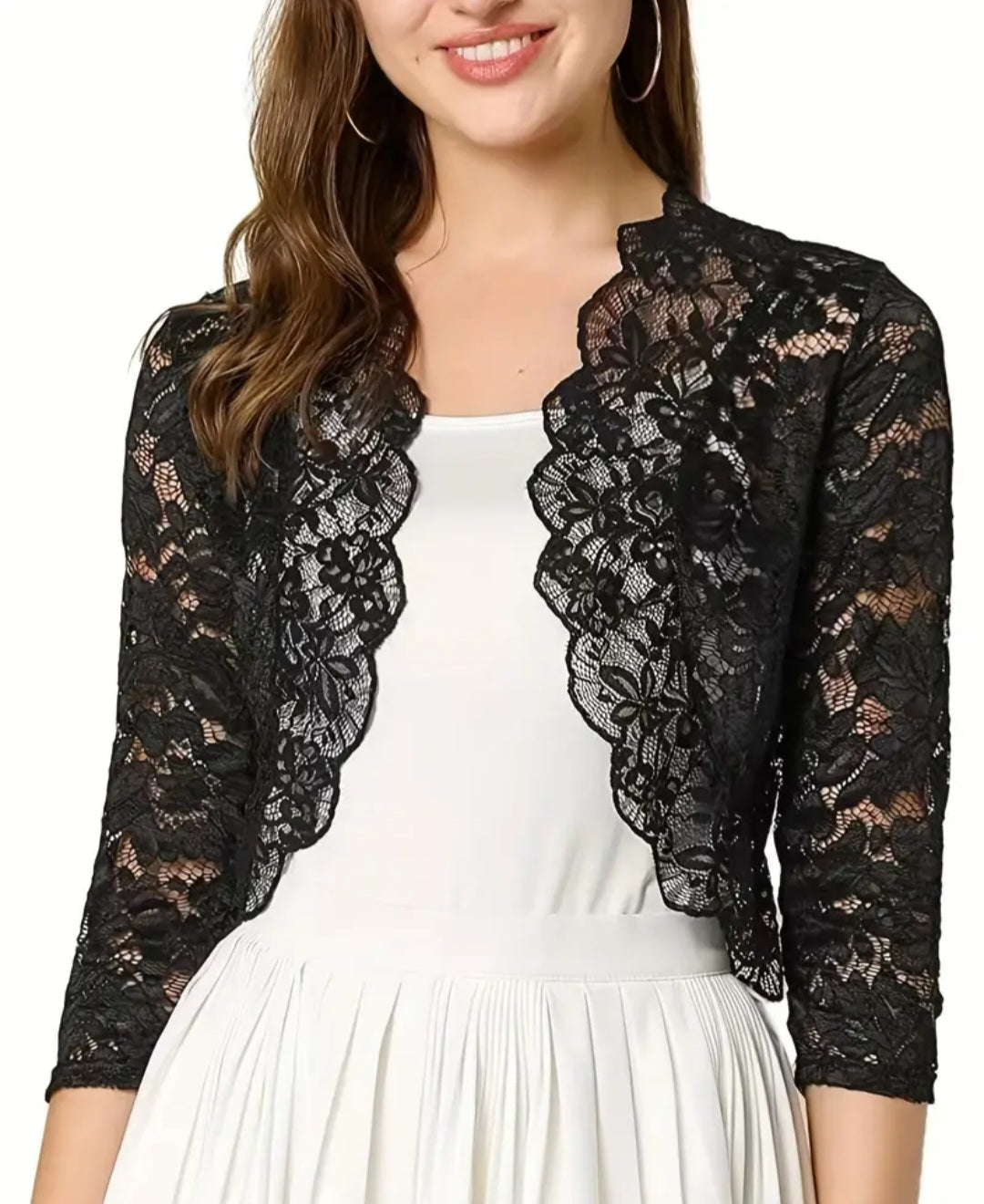 Semi-sheer Floral Lace Crop Cardigan, Casual Three-quarter Sleeve Cover Up Cardigan, Women's Clothing