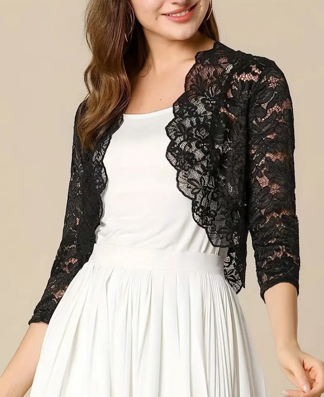 Semi-sheer Floral Lace Crop Cardigan, Casual Three-quarter Sleeve Cover Up Cardigan, Women's Clothing