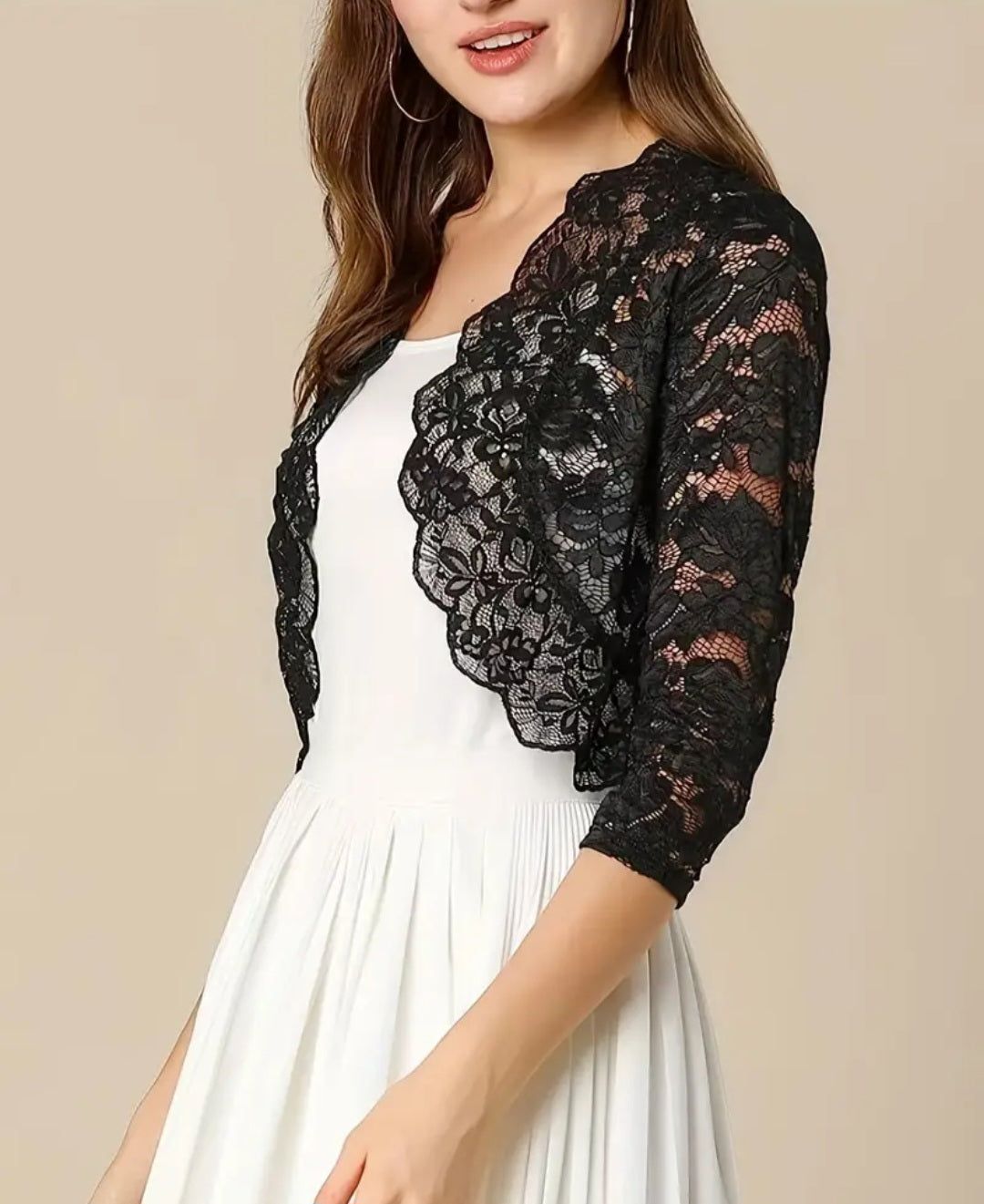 Semi-sheer Floral Lace Crop Cardigan, Casual Three-quarter Sleeve Cover Up Cardigan, Women's Clothing