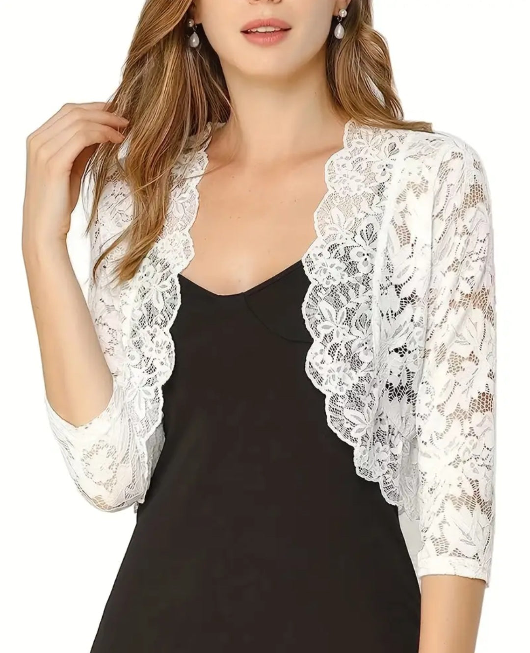 Semi-sheer Floral Lace Crop Cardigan, Casual Three-quarter Sleeve Cover Up Cardigan, Women's Clothing