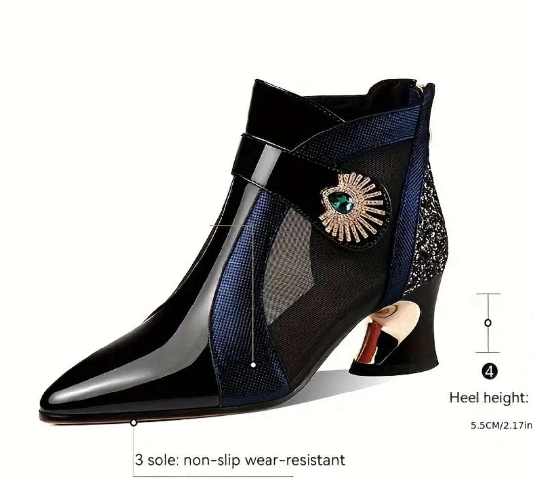 Women's Colorblock Trendy Mesh Shoes, Rhinestone Buckle Casual Chunky Heel Sequins Shoes, Point Toe Versatile Slim Boots for Music Festival