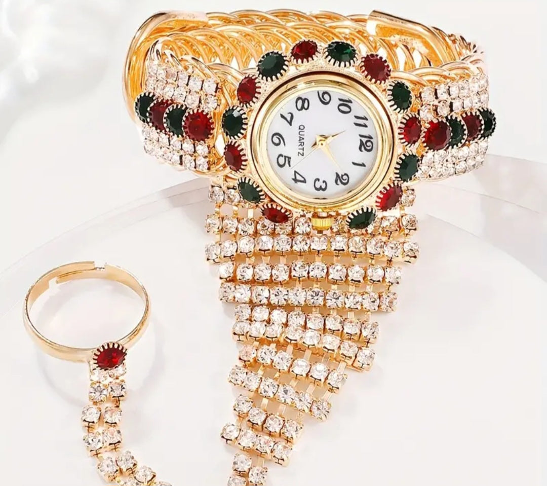 Women's Watch Luxury Rhinestone Quartz Bangle Cuff Watch Retro Baroque Fashion Ring Bracelet Hand Chain Watch