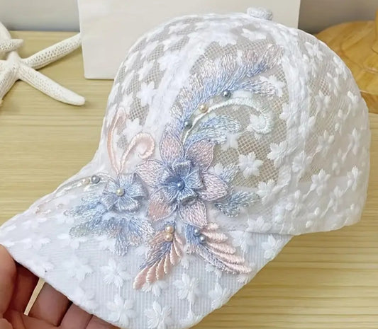 Flower Embroidery Mesh Trucker Hat Faux Pearl Decor Elegant Lace Baseball Cap Breathable Adjustable Sports Hats For Women