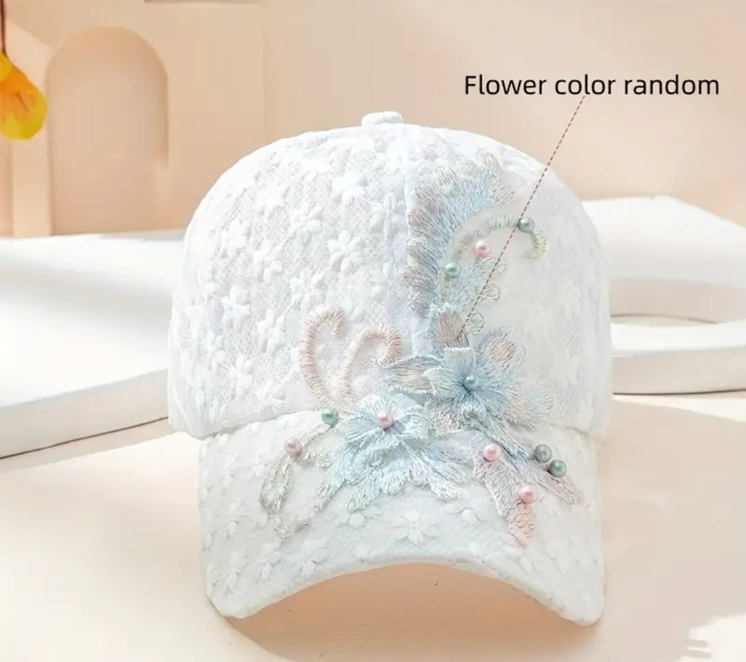 Flower Embroidery Mesh Trucker Hat Faux Pearl Decor Elegant Lace Baseball Cap Breathable Adjustable Sports Hats For Women