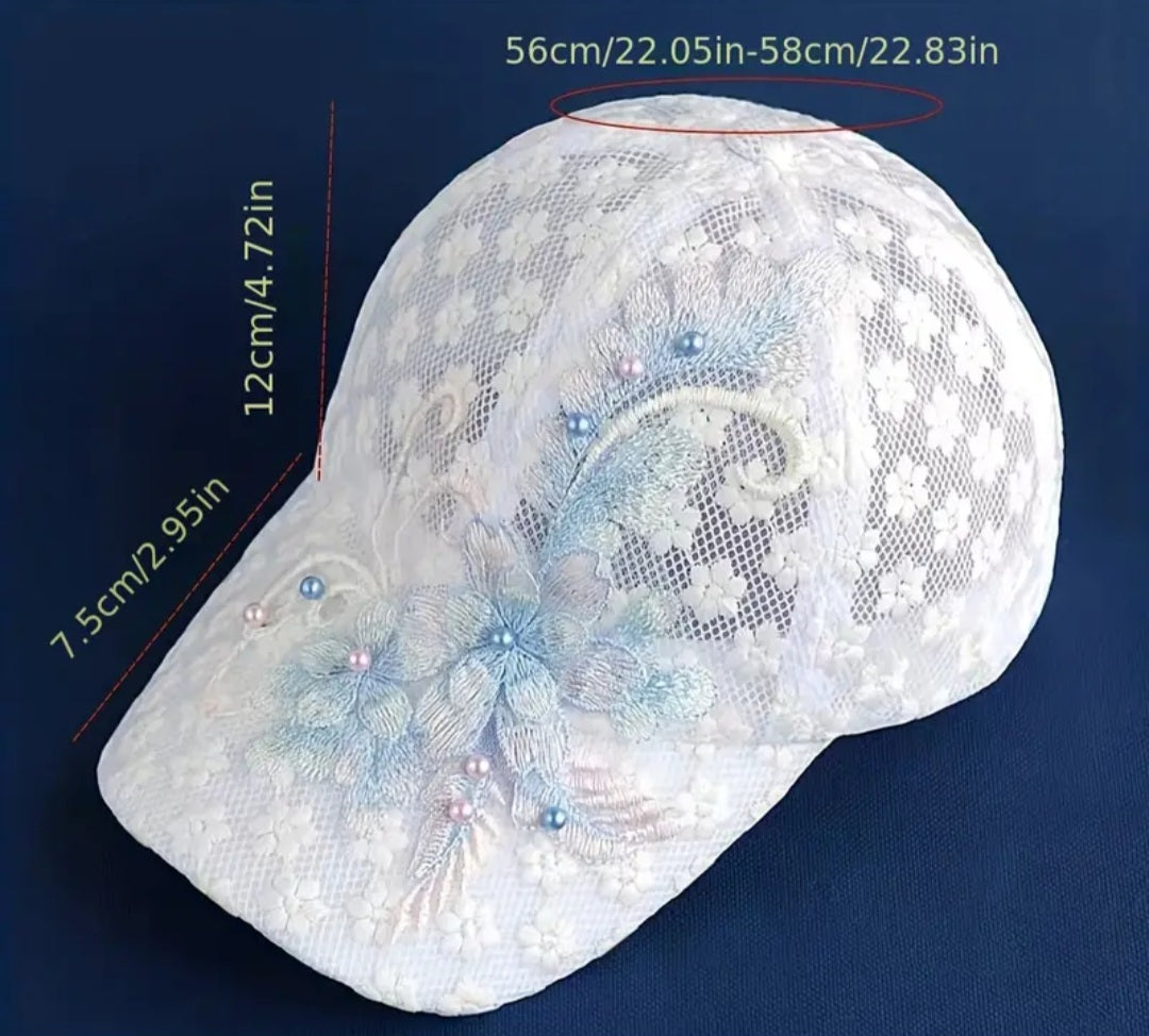 Flower Embroidery Mesh Trucker Hat Faux Pearl Decor Elegant Lace Baseball Cap Breathable Adjustable Sports Hats For Women