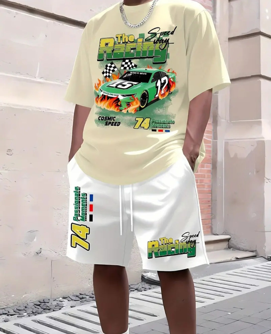 The Racing Car Graphic Print Men's Two Piece Set, Crew Neck Short Sleeve T-shirt & Comfortable Drawstring Shorts, Slight Stretch. Summer Trendy Casual Versatile Sweatsuits For Daily Outdoor Sports