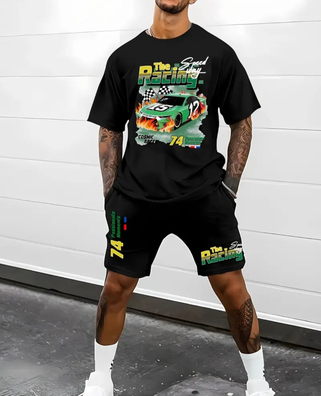 The Racing Car Graphic Print Men's Two Piece Set, Crew Neck Short Sleeve T-shirt & Comfortable Drawstring Shorts, Slight Stretch. Summer Trendy Casual Versatile Sweatsuits For Daily Outdoor Sports