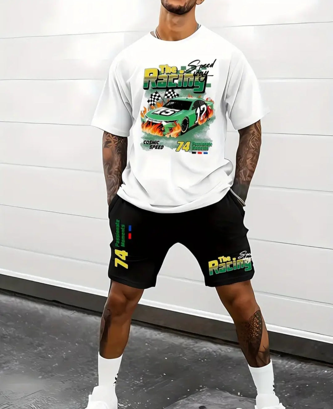 The Racing Car Graphic Print Men's Two Piece Set, Crew Neck Short Sleeve T-shirt & Comfortable Drawstring Shorts, Slight Stretch. Summer Trendy Casual Versatile Sweatsuits For Daily Outdoor Sports