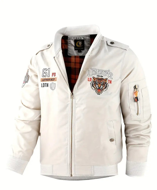 Tiger Embroidery Bomber Jacket, Men's Casual Baseball Collar Zip Up Jacket For Spring Fall Outdoor