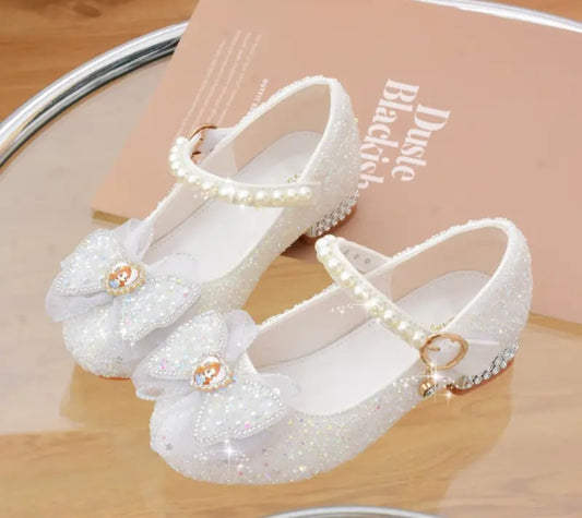 Trendy Elegant Bowknot Pearl Sequin High Heel Shoes For Girls, Wear-resistant Non Slip Dress Shoes For Performance Party, Spring Summer Autumn