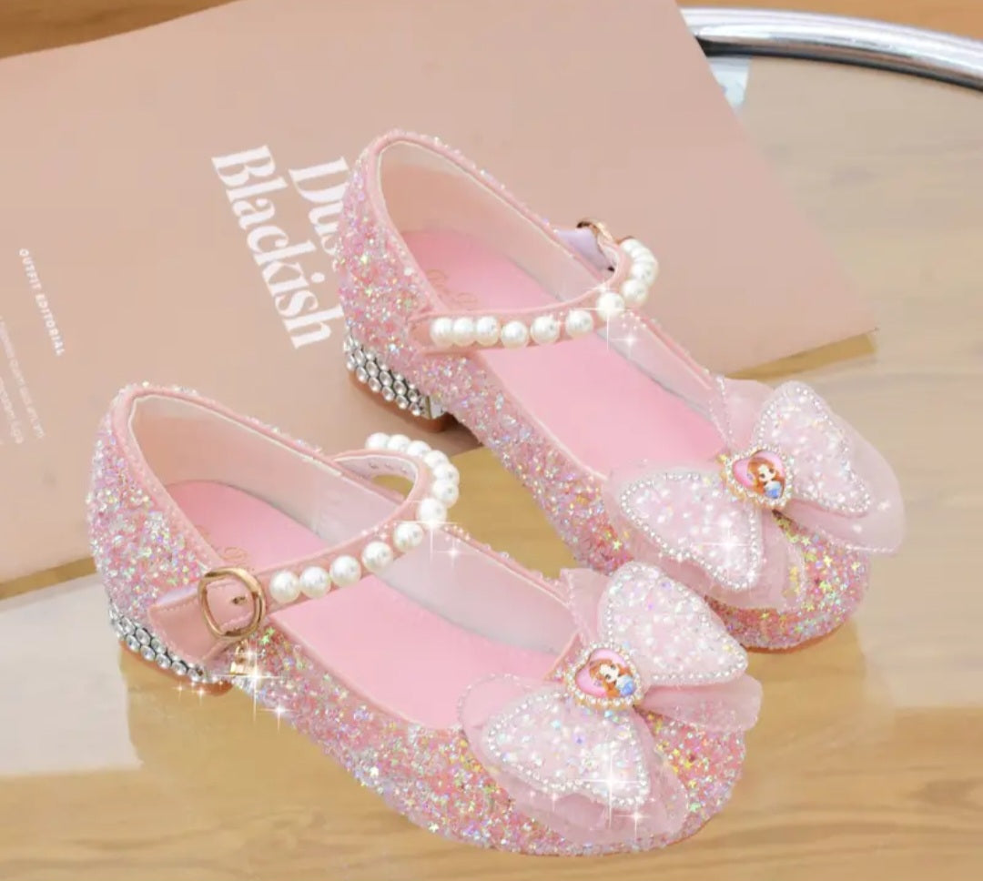 Trendy Elegant Bowknot Pearl Sequin High Heel Shoes For Girls, Wear-resistant Non Slip Dress Shoes For Performance Party, Spring Summer Autumn