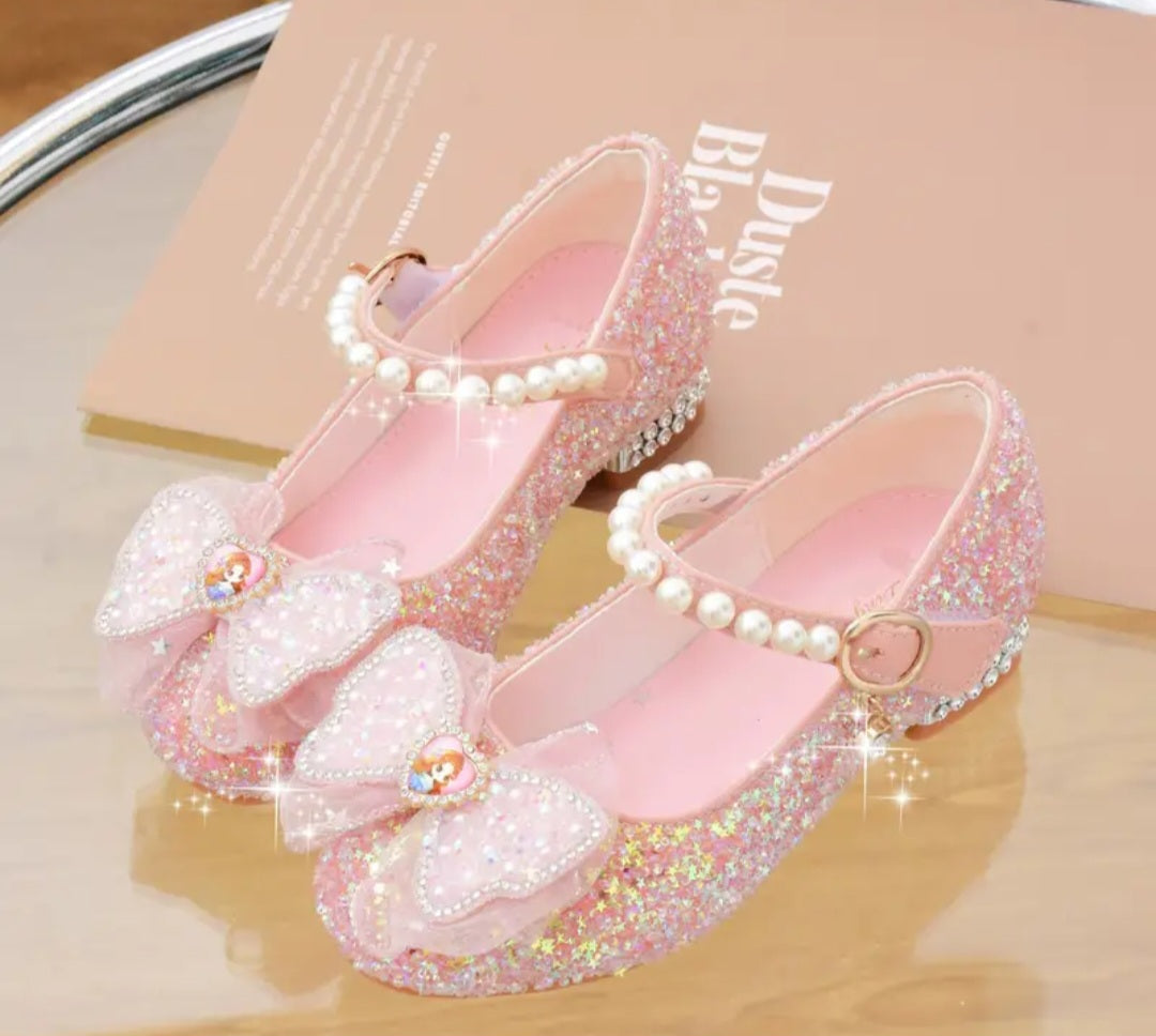 Trendy Elegant Bowknot Pearl Sequin High Heel Shoes For Girls, Wear-resistant Non Slip Dress Shoes For Performance Party, Spring Summer Autumn