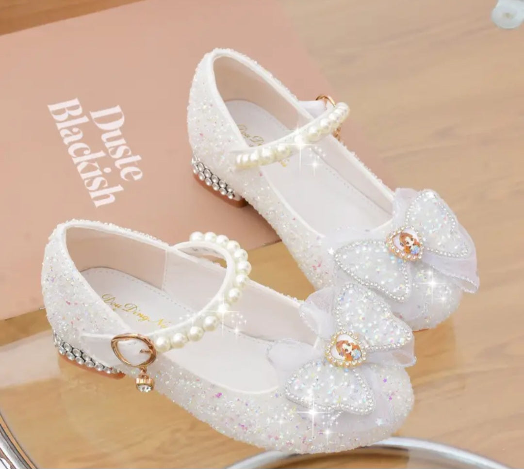 Trendy Elegant Bowknot Pearl Sequin High Heel Shoes For Girls, Wear-resistant Non Slip Dress Shoes For Performance Party, Spring Summer Autumn