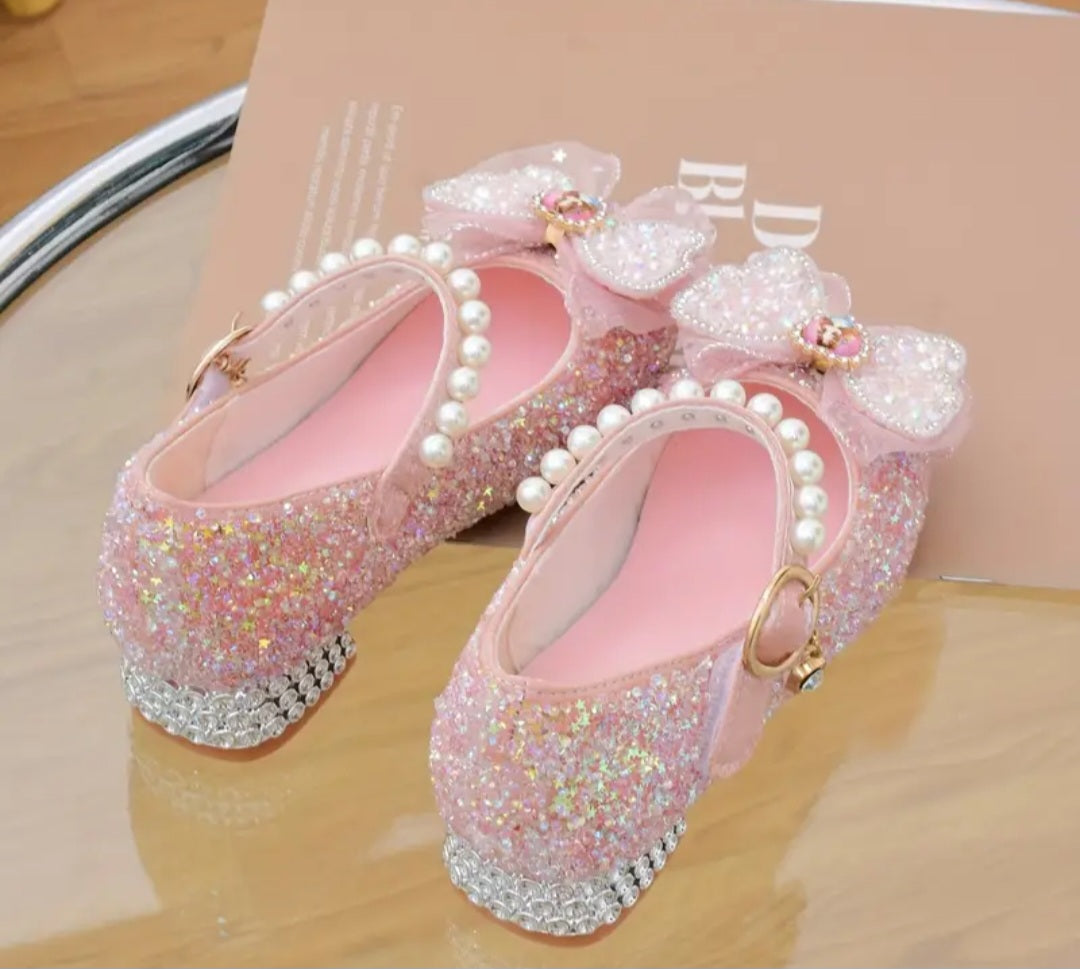 Trendy Elegant Bowknot Pearl Sequin High Heel Shoes For Girls, Wear-resistant Non Slip Dress Shoes For Performance Party, Spring Summer Autumn