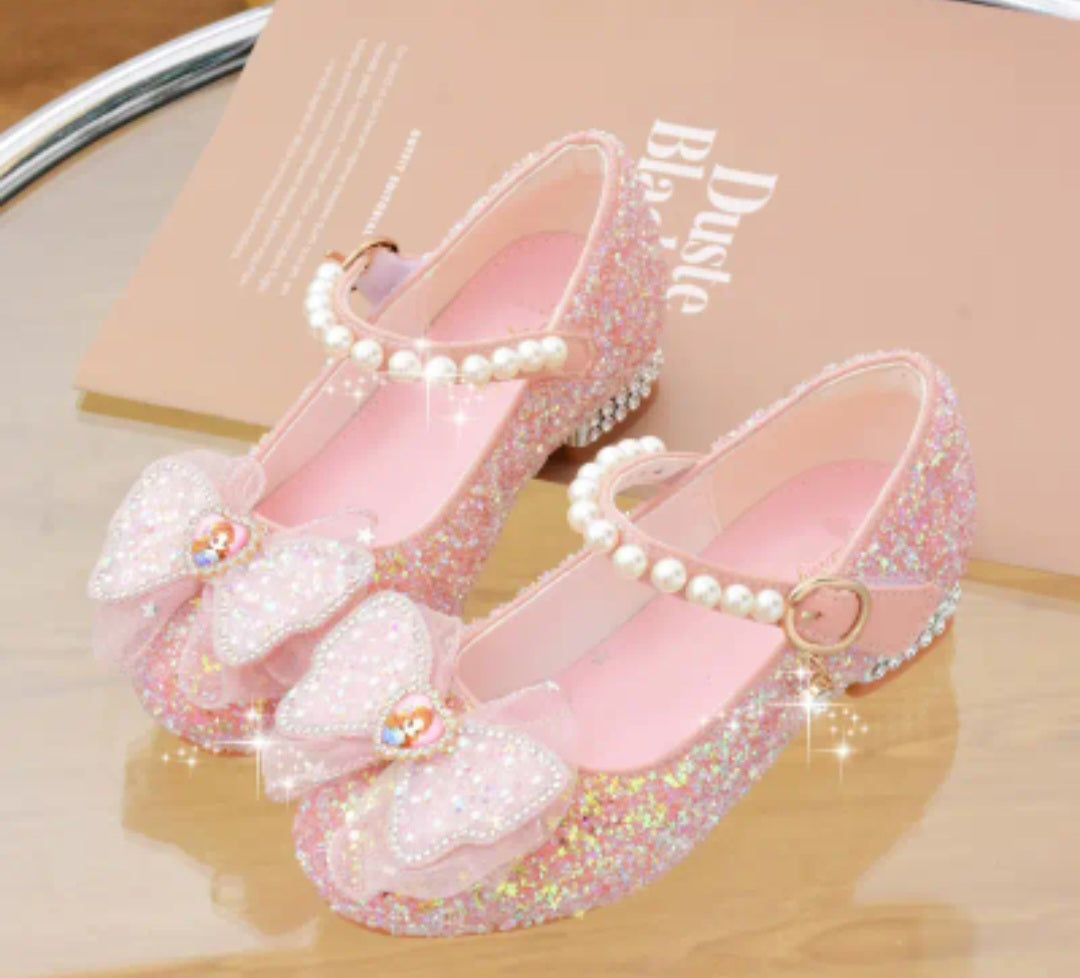 Trendy Elegant Bowknot Pearl Sequin High Heel Shoes For Girls, Wear-resistant Non Slip Dress Shoes For Performance Party, Spring Summer Autumn