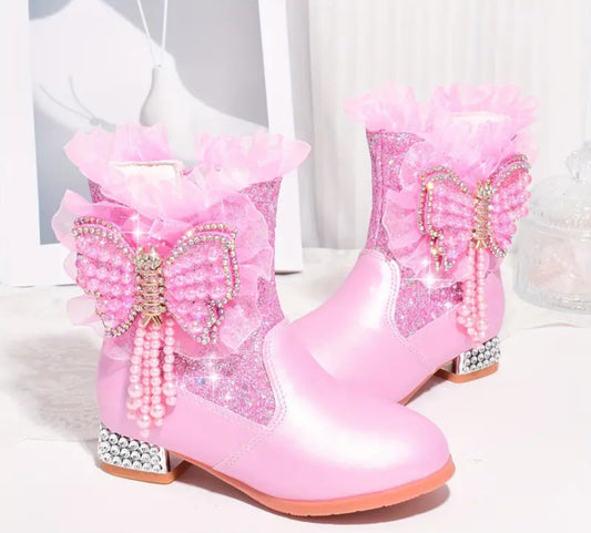 Trendy Elegant Rhinestone Sequin Butterfly Boots For Girls, Comfortable Warm Plus Fleece Dress Boots For Performance Party, Autumn And Winter