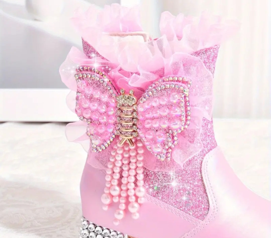 Trendy Elegant Rhinestone Sequin Butterfly Boots For Girls, Comfortable Warm Plus Fleece Dress Boots For Performance Party, Autumn And Winter