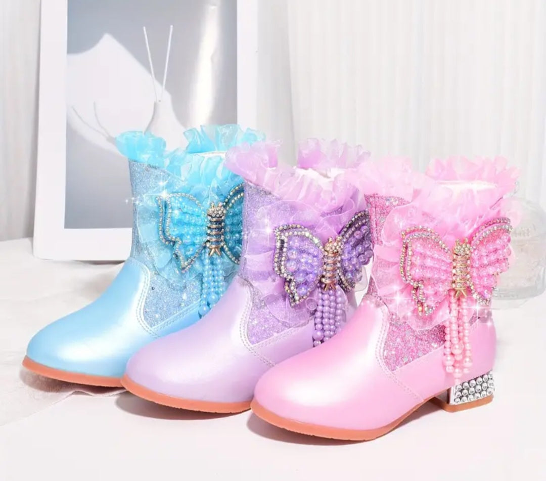 Trendy Elegant Rhinestone Sequin Butterfly Boots For Girls, Comfortable Warm Plus Fleece Dress Boots For Performance Party, Autumn And Winter