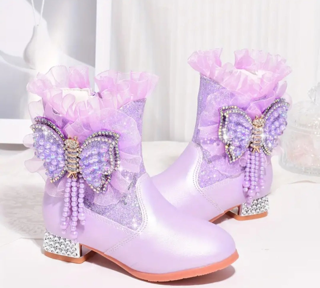 Trendy Elegant Rhinestone Sequin Butterfly Boots For Girls, Comfortable Warm Plus Fleece Dress Boots For Performance Party, Autumn And Winter