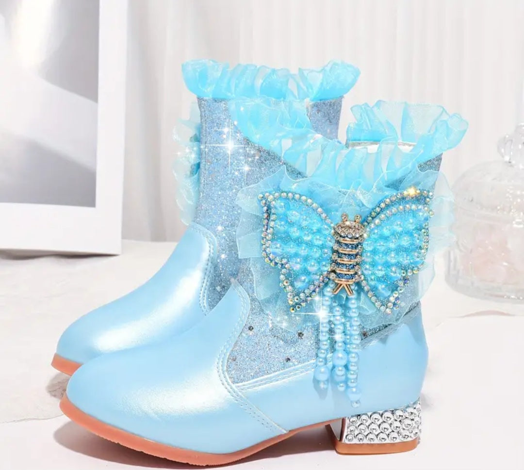 Trendy Elegant Rhinestone Sequin Butterfly Boots For Girls, Comfortable Warm Plus Fleece Dress Boots For Performance Party, Autumn And Winter