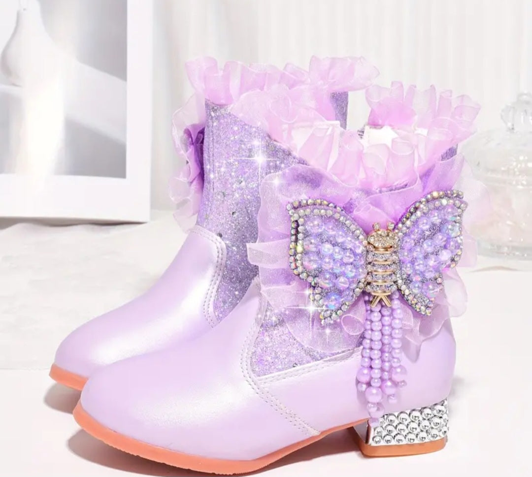 Trendy Elegant Rhinestone Sequin Butterfly Boots For Girls, Comfortable Warm Plus Fleece Dress Boots For Performance Party, Autumn And Winter