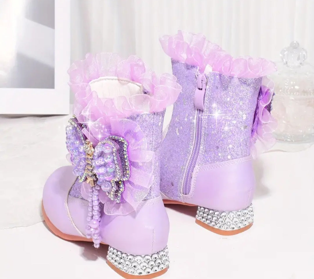 Trendy Elegant Rhinestone Sequin Butterfly Boots For Girls, Comfortable Warm Plus Fleece Dress Boots For Performance Party, Autumn And Winter