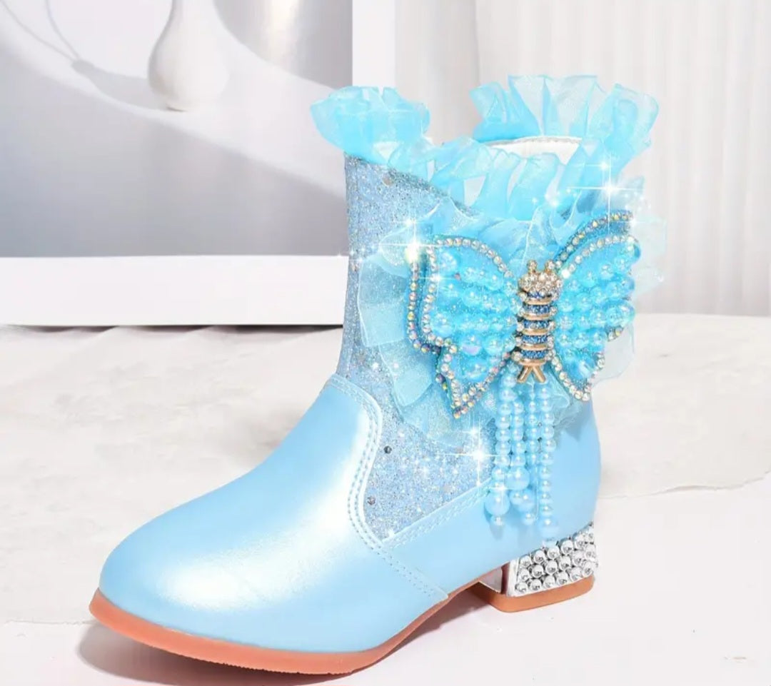 Trendy Elegant Rhinestone Sequin Butterfly Boots For Girls, Comfortable Warm Plus Fleece Dress Boots For Performance Party, Autumn And Winter