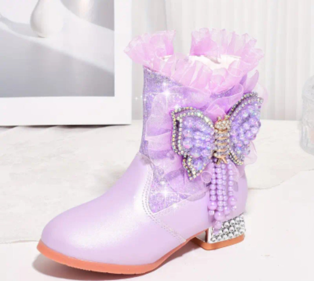 Trendy Elegant Rhinestone Sequin Butterfly Boots For Girls, Comfortable Warm Plus Fleece Dress Boots For Performance Party, Autumn And Winter