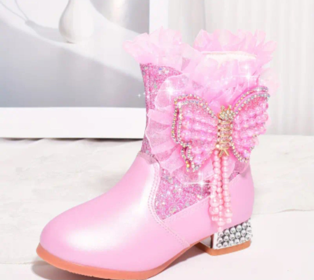 Trendy Elegant Rhinestone Sequin Butterfly Boots For Girls, Comfortable Warm Plus Fleece Dress Boots For Performance Party, Autumn And Winter