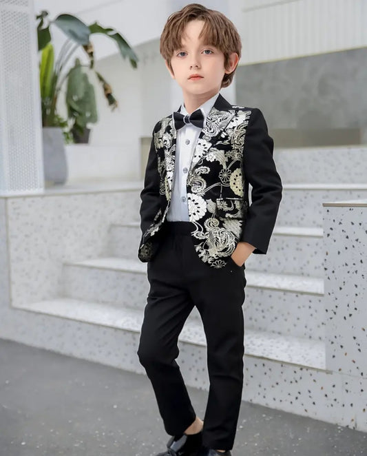 Boys Formal Gentleman Outfits, Floral Pattern Long Sleeve Suit Jacket & Pants, Boys Clothing Set For Wedding Banquet Dress