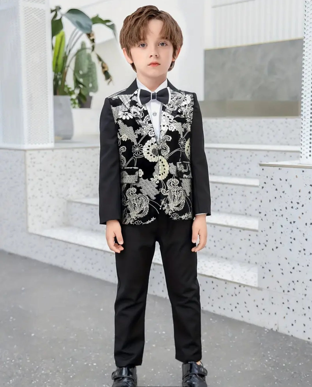 Boys Formal Gentleman Outfits, Floral Pattern Long Sleeve Suit Jacket & Pants, Boys Clothing Set For Wedding Banquet Dress