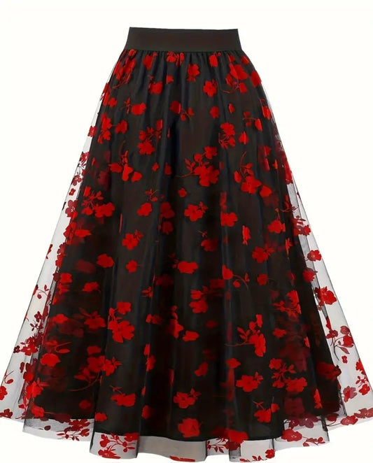 Floral Applique Mesh Swing Skirt, Elegant High Waist A-line Skirt, Women's Clothing