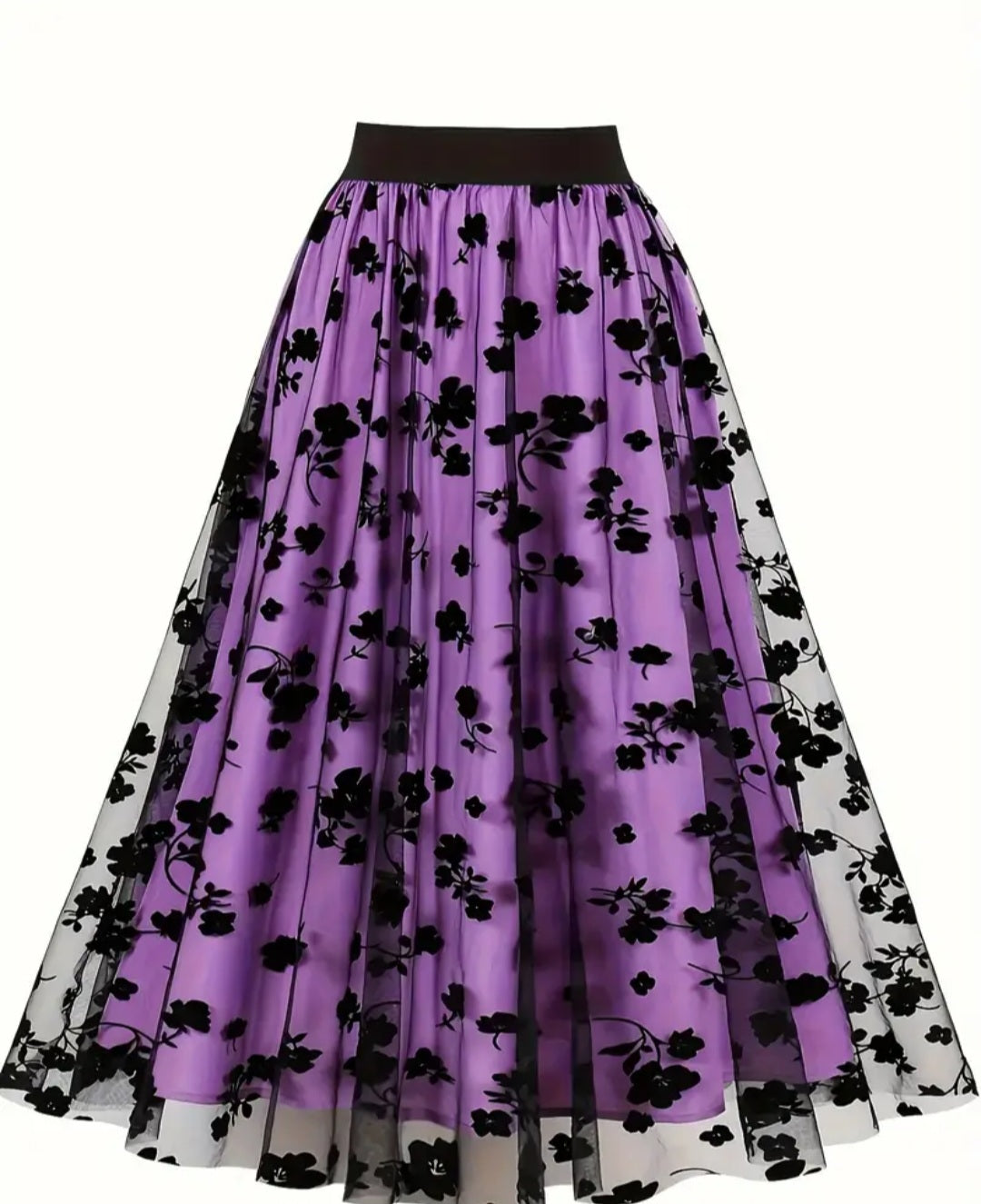 Floral Applique Mesh Swing Skirt, Elegant High Waist A-line Skirt, Women's Clothing