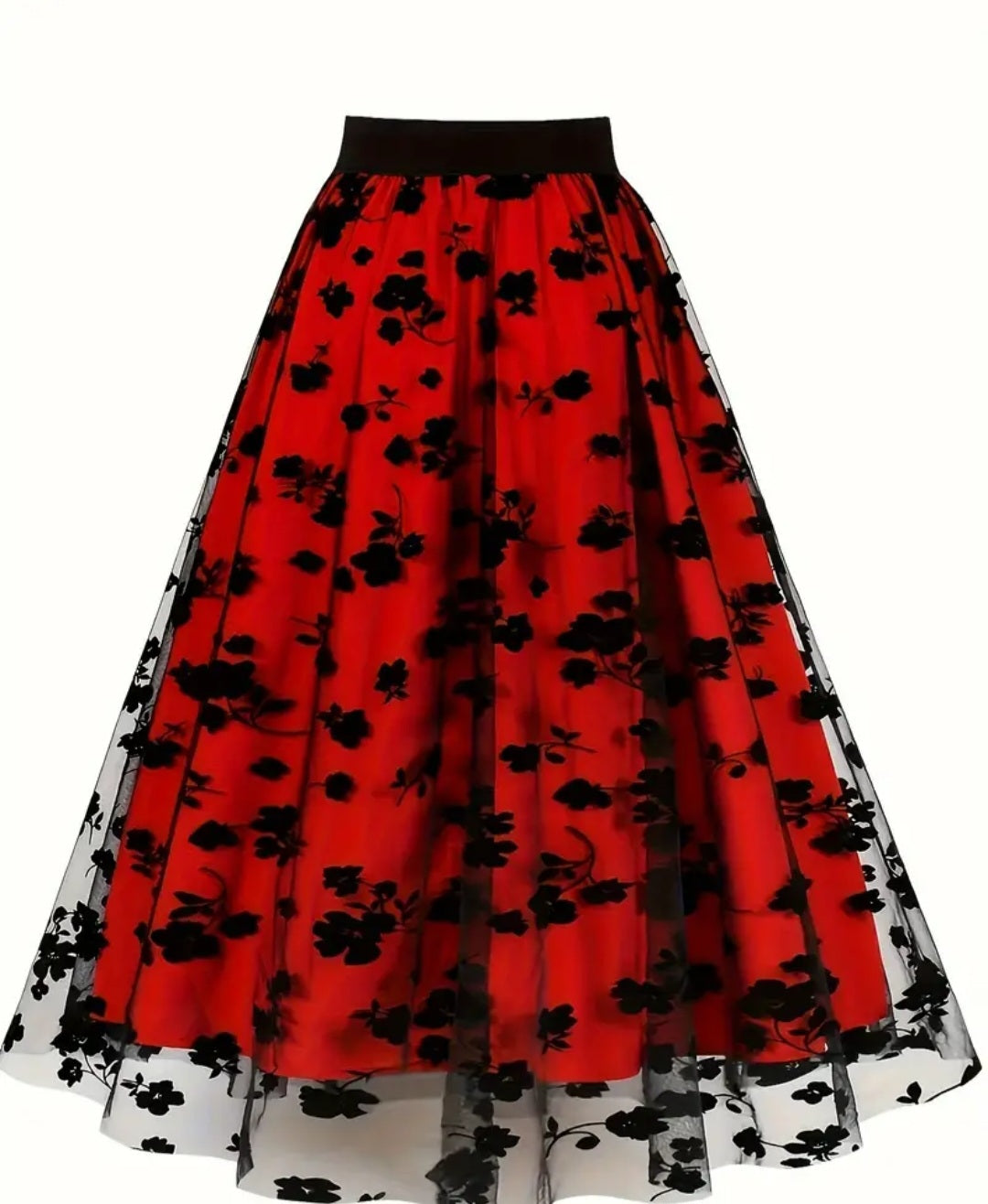 Floral Applique Mesh Swing Skirt, Elegant High Waist A-line Skirt, Women's Clothing