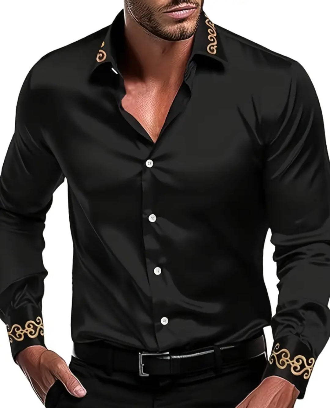 Men's Long-sleeved Shirt With Floral Embroidered Lapel Collar For Casual Daily Wear