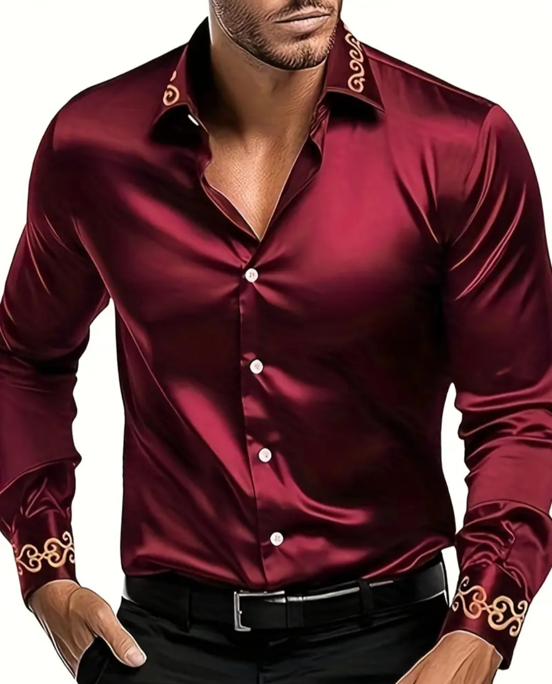 Men's Long-sleeved Shirt With Floral Embroidered Lapel Collar For Casual Daily Wear