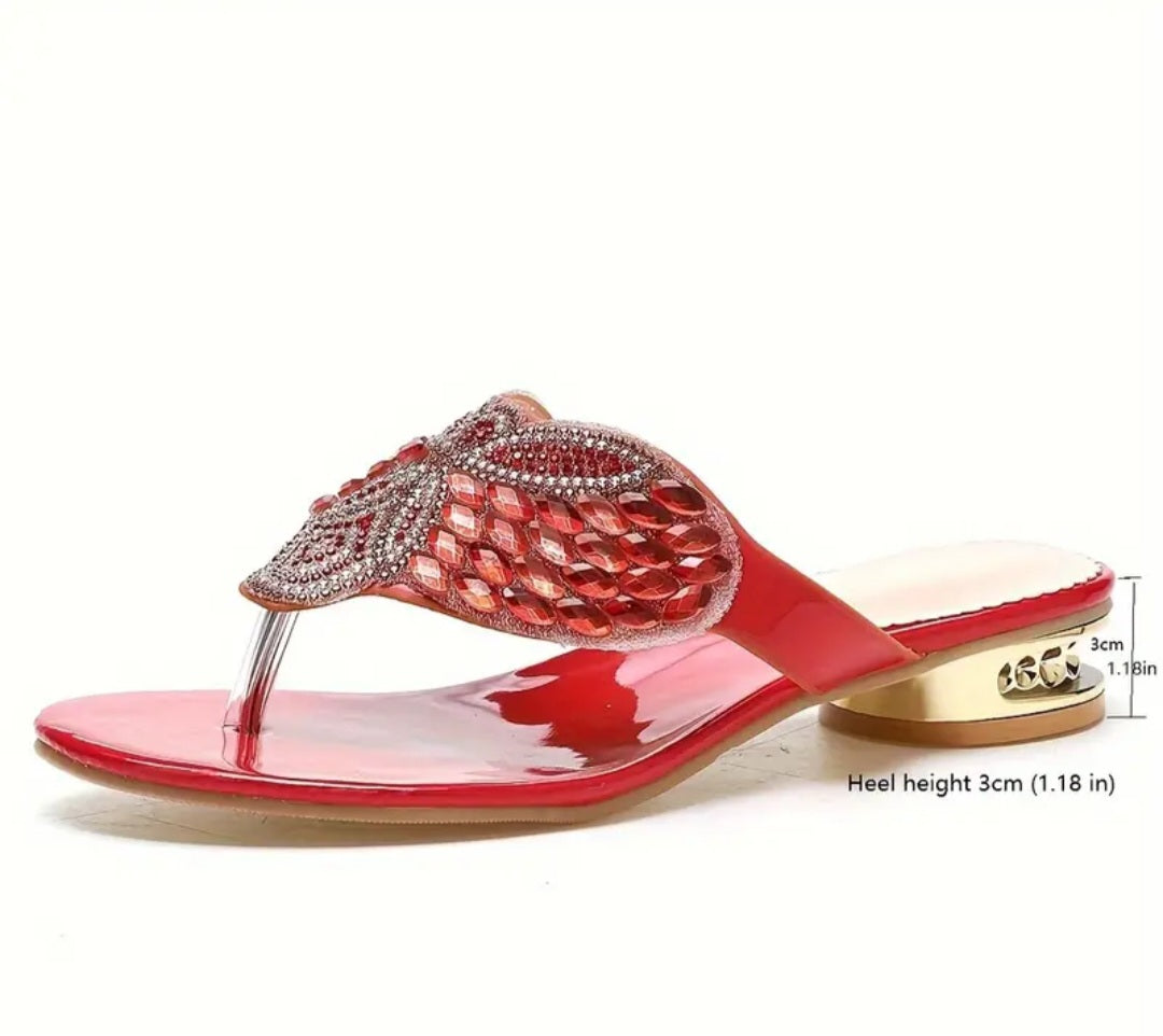 Women's Summer Beach Chunky Heel Sandals, Rhinestone Flower Decor Thong Sandals, Low Heel Flip Fops For Casual Outdoor