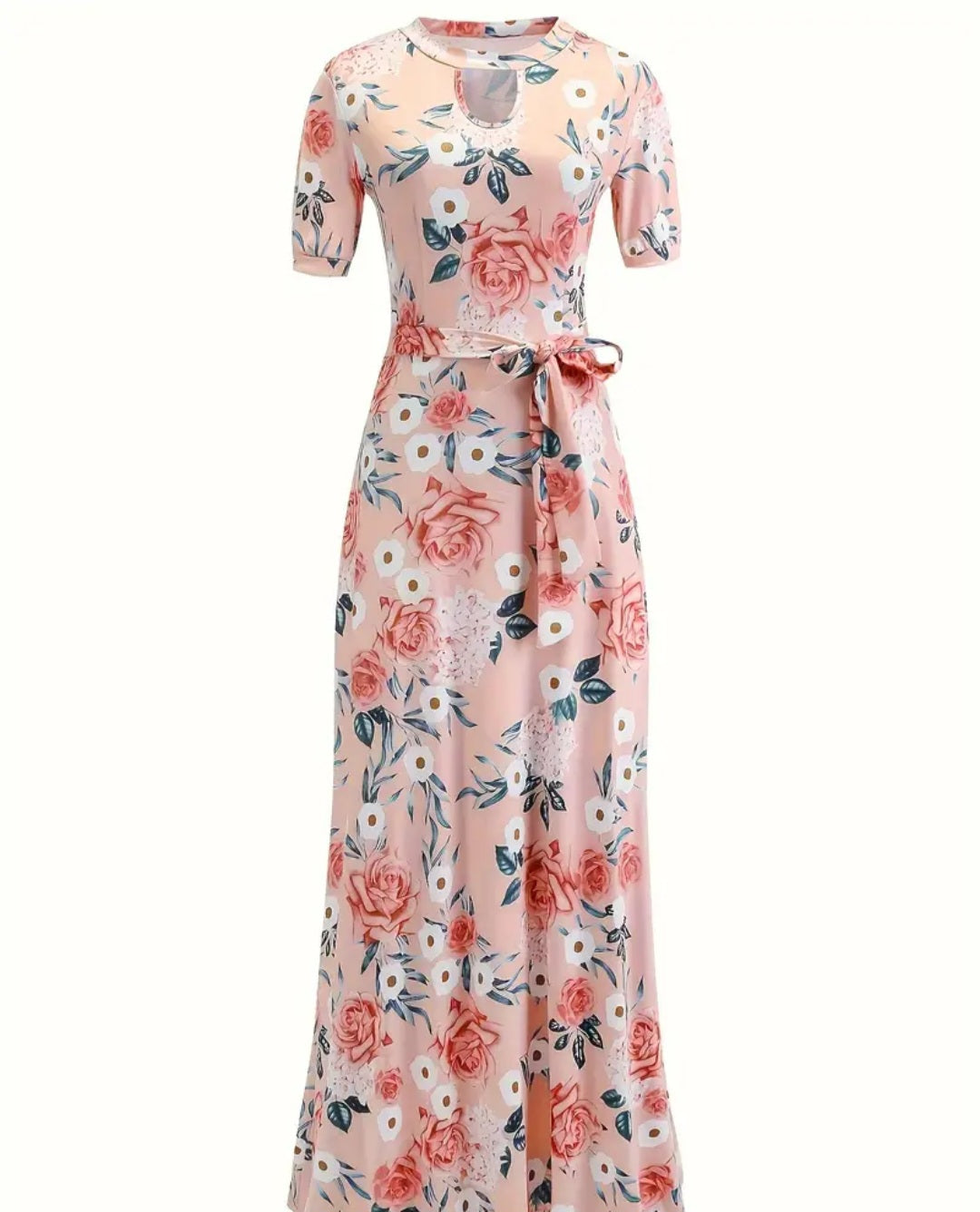 Belted Floral Print Cut Out Dress, Elegant Short Sleeve Dress For Spring & Summer, Women's Clothing