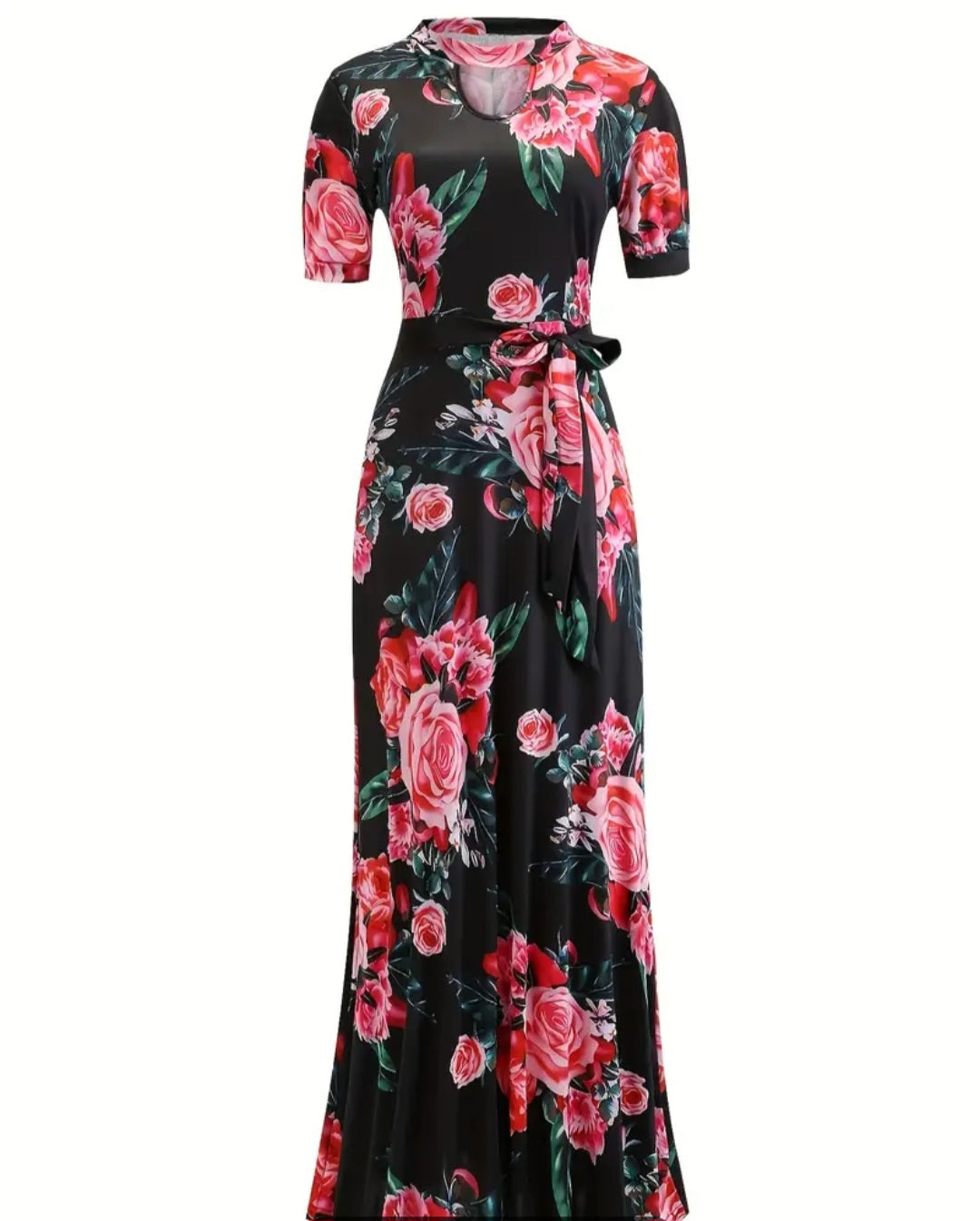 Belted Floral Print Cut Out Dress, Elegant Short Sleeve Dress For Spring & Summer, Women's Clothing