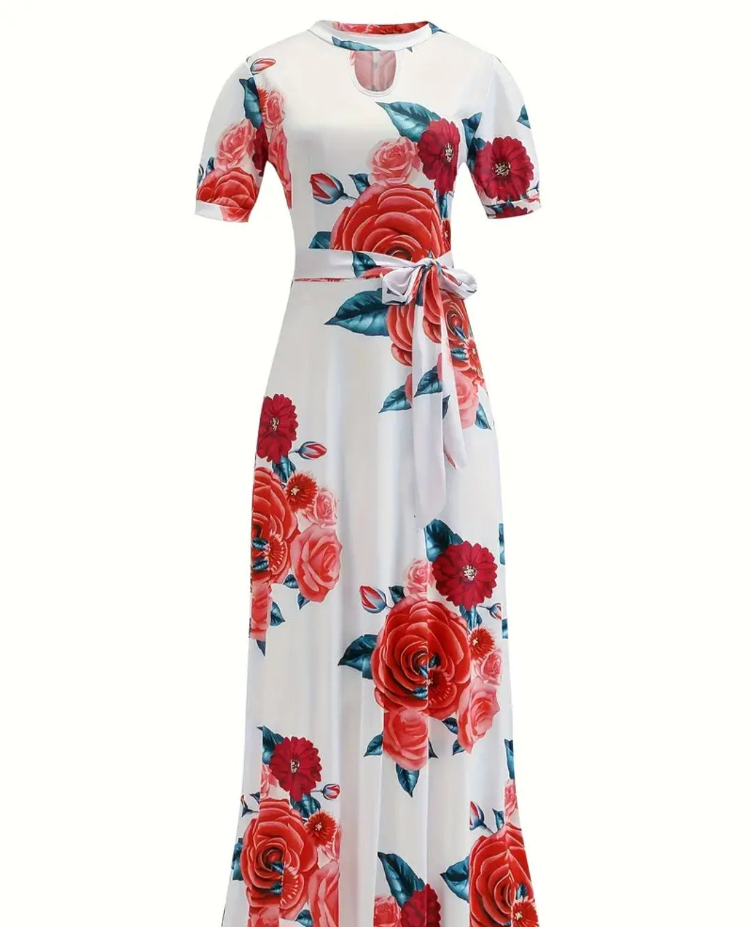 Belted Floral Print Cut Out Dress, Elegant Short Sleeve Dress For Spring & Summer, Women's Clothing