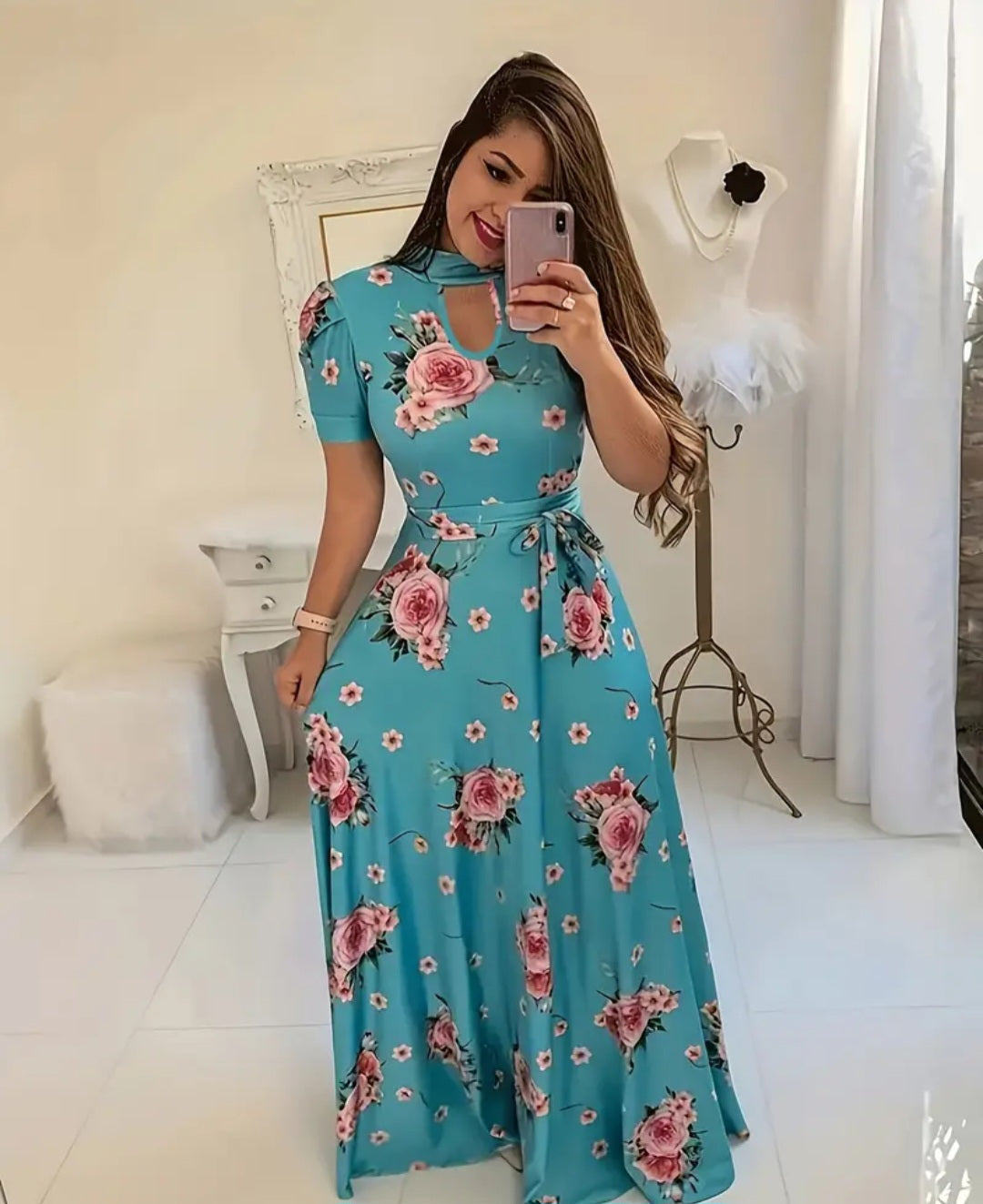 Belted Floral Print Cut Out Dress, Elegant Short Sleeve Dress For Spring & Summer, Women's Clothing