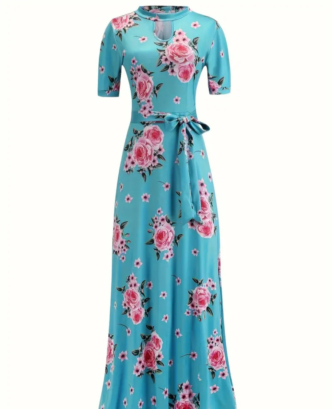 Belted Floral Print Cut Out Dress, Elegant Short Sleeve Dress For Spring & Summer, Women's Clothing