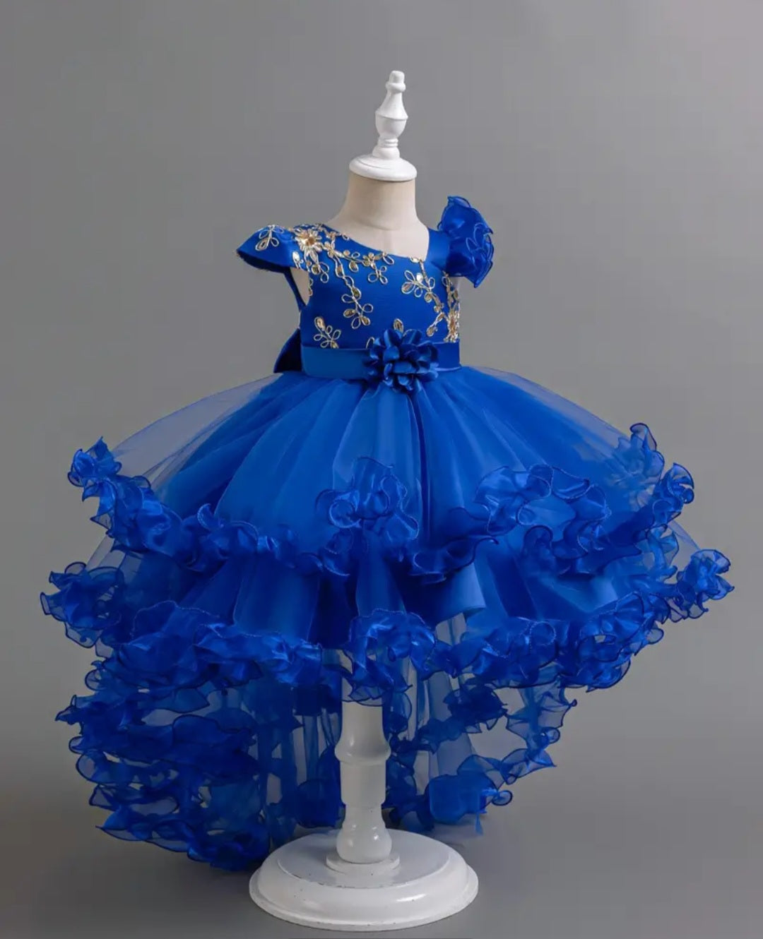 Girls Delicate & Fancy Asymmetrical Flutter Sleeve Floral Stitched Mesh Tutu Layered Dress With Belt For Ball & Prom