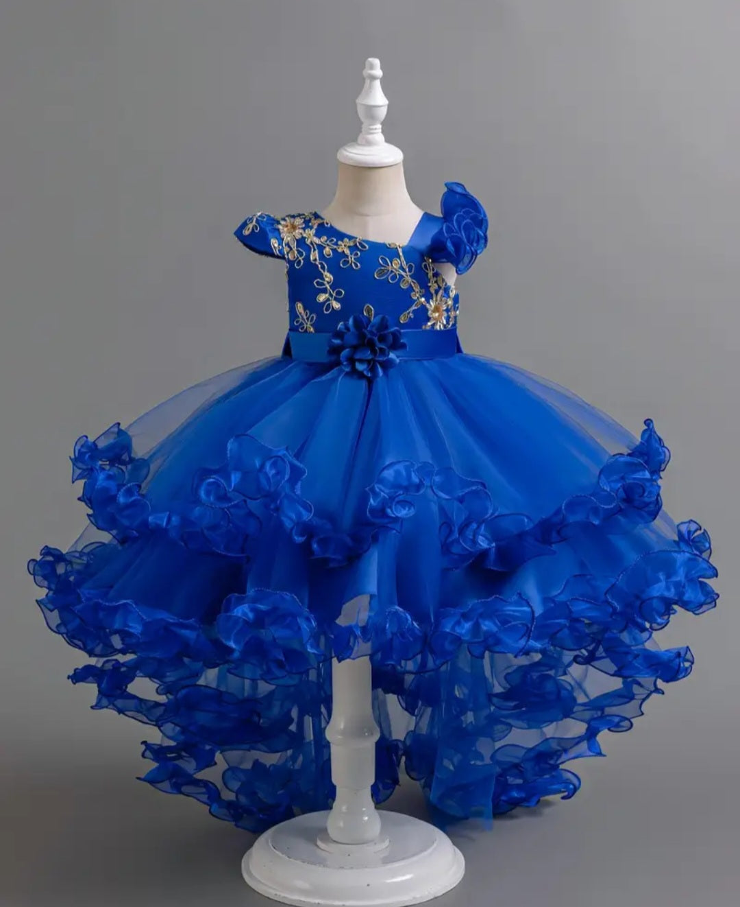 Girls Delicate & Fancy Asymmetrical Flutter Sleeve Floral Stitched Mesh Tutu Layered Dress With Belt For Ball & Prom